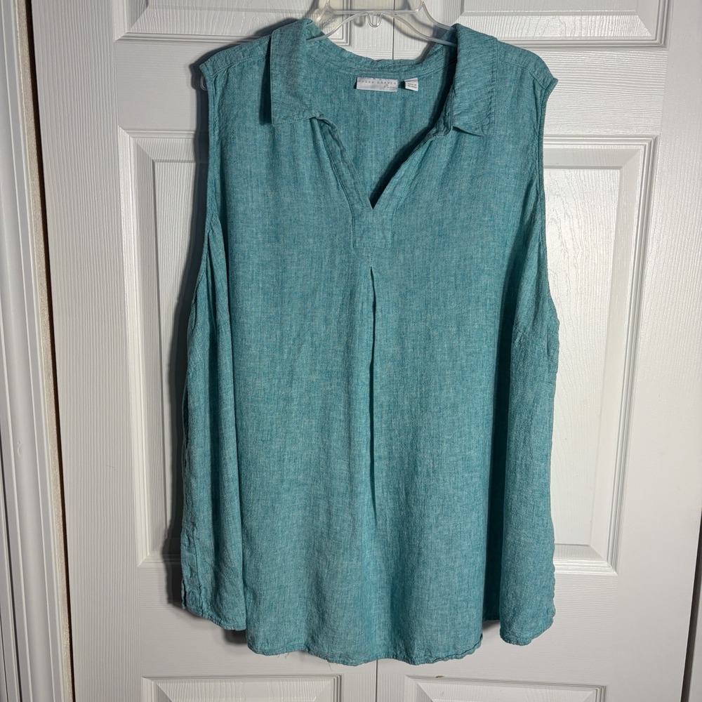 Susan Graver Sleeveless Linen Blend Shirt Women 5X Teal Button Side Split Blouse